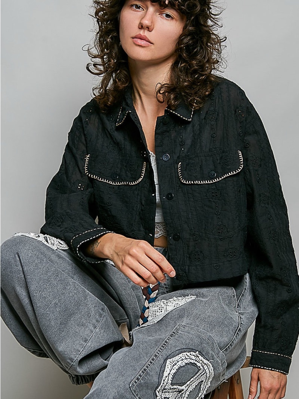 POL Cropped Button-Front Eyelet Cotton Jacket